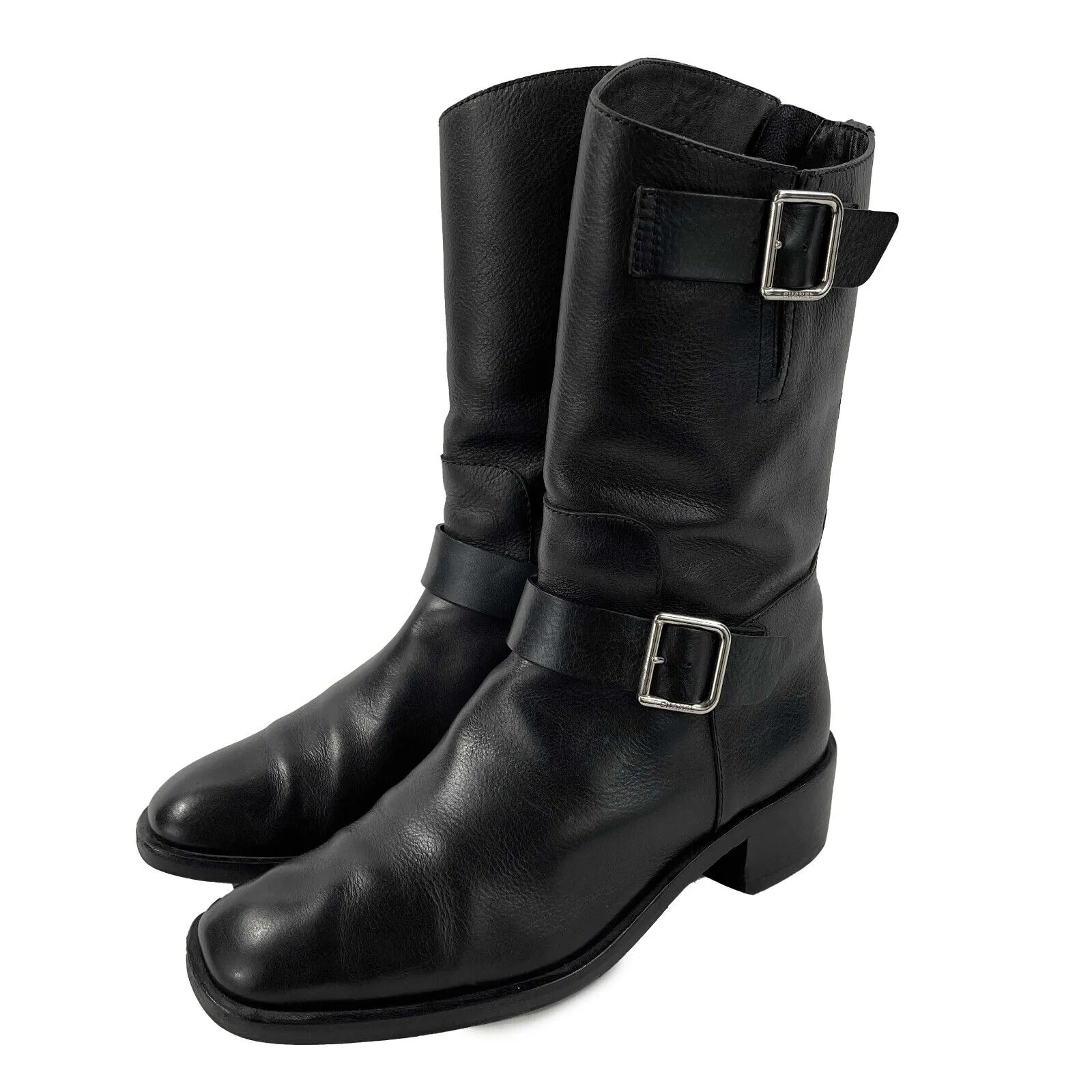 CHANEL - 14B CC Black Leather Buckle Moto Biker Boots - 38 US 8