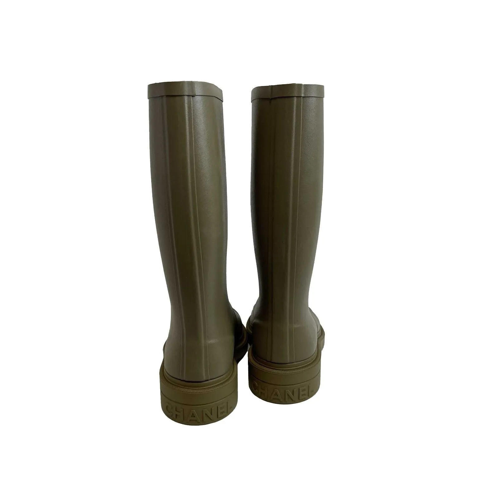 Chanel 22K NIB Army Green Chanel CC Logo Rubber Rain boots 37 US 7 / 6.5