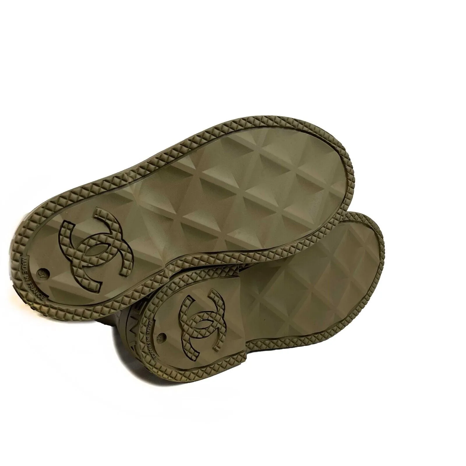 Chanel 22K NIB Army Green Chanel CC Logo Rubber Rain boots 37 US 7 / 6.5