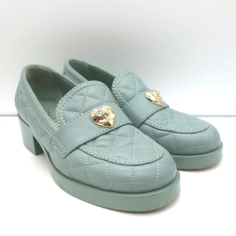 Chanel 23C CC Heart Loafers Seafoam Quilted Leather Size 36