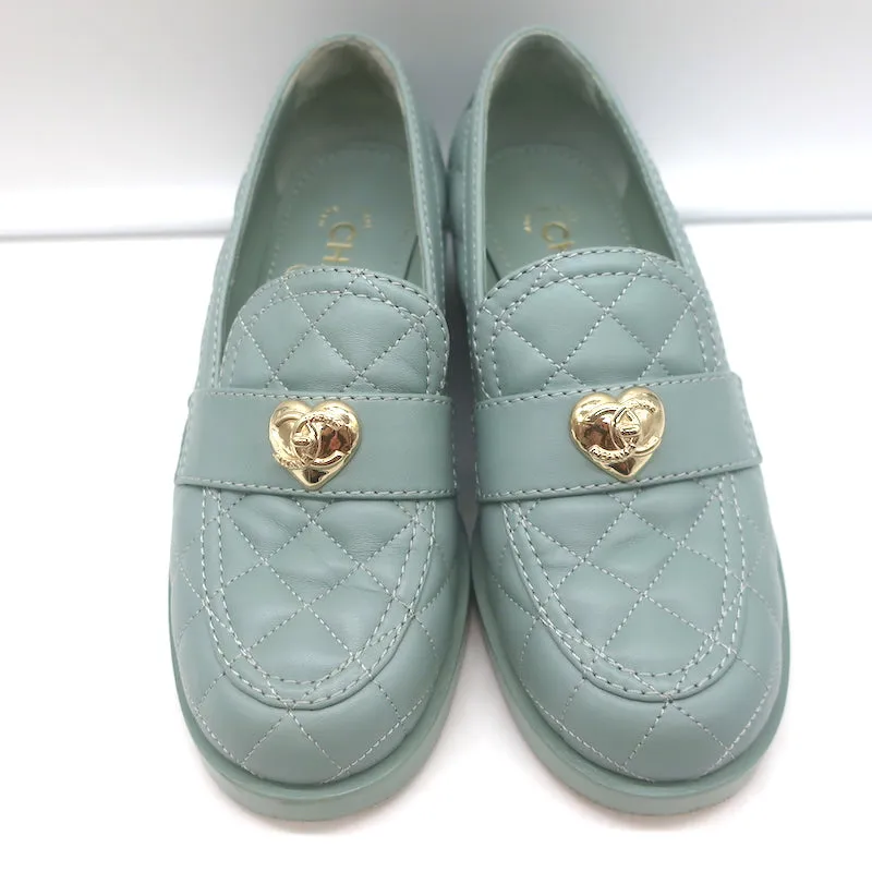 Chanel 23C CC Heart Loafers Seafoam Quilted Leather Size 36