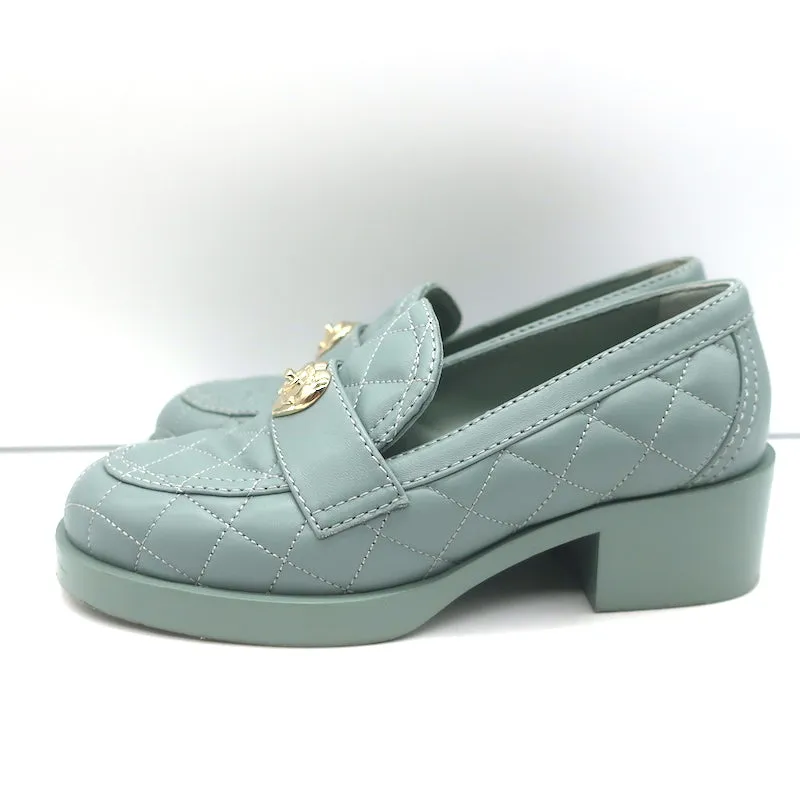 Chanel 23C CC Heart Loafers Seafoam Quilted Leather Size 36