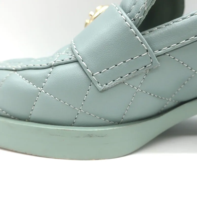 Chanel 23C CC Heart Loafers Seafoam Quilted Leather Size 36