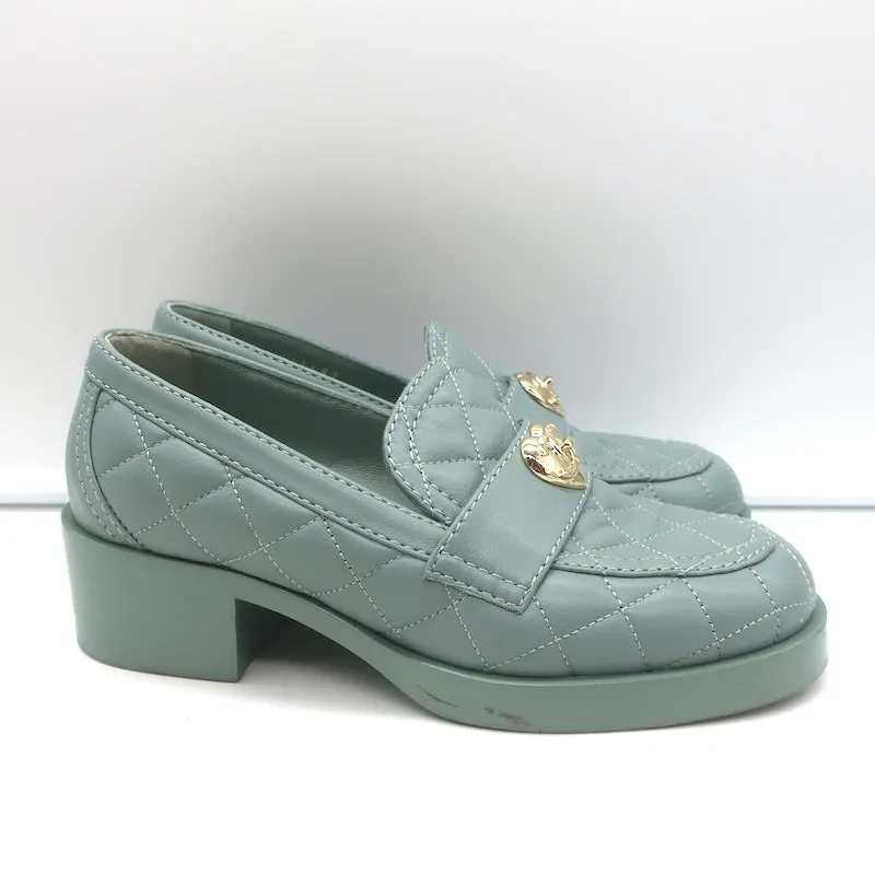 Chanel 23C CC Heart Loafers Seafoam Quilted Leather Size 36