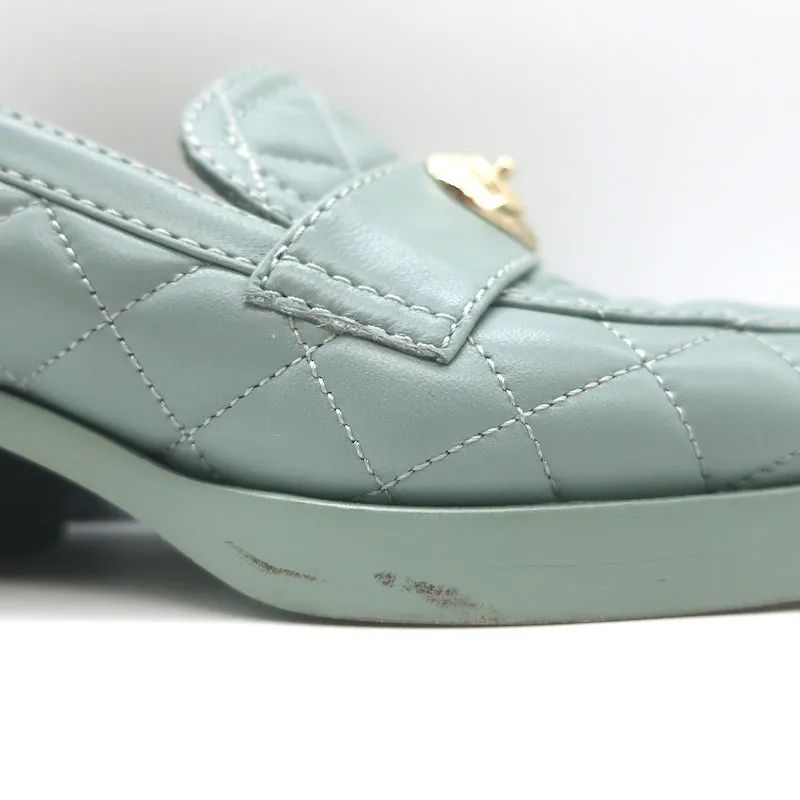 Chanel 23C CC Heart Loafers Seafoam Quilted Leather Size 36