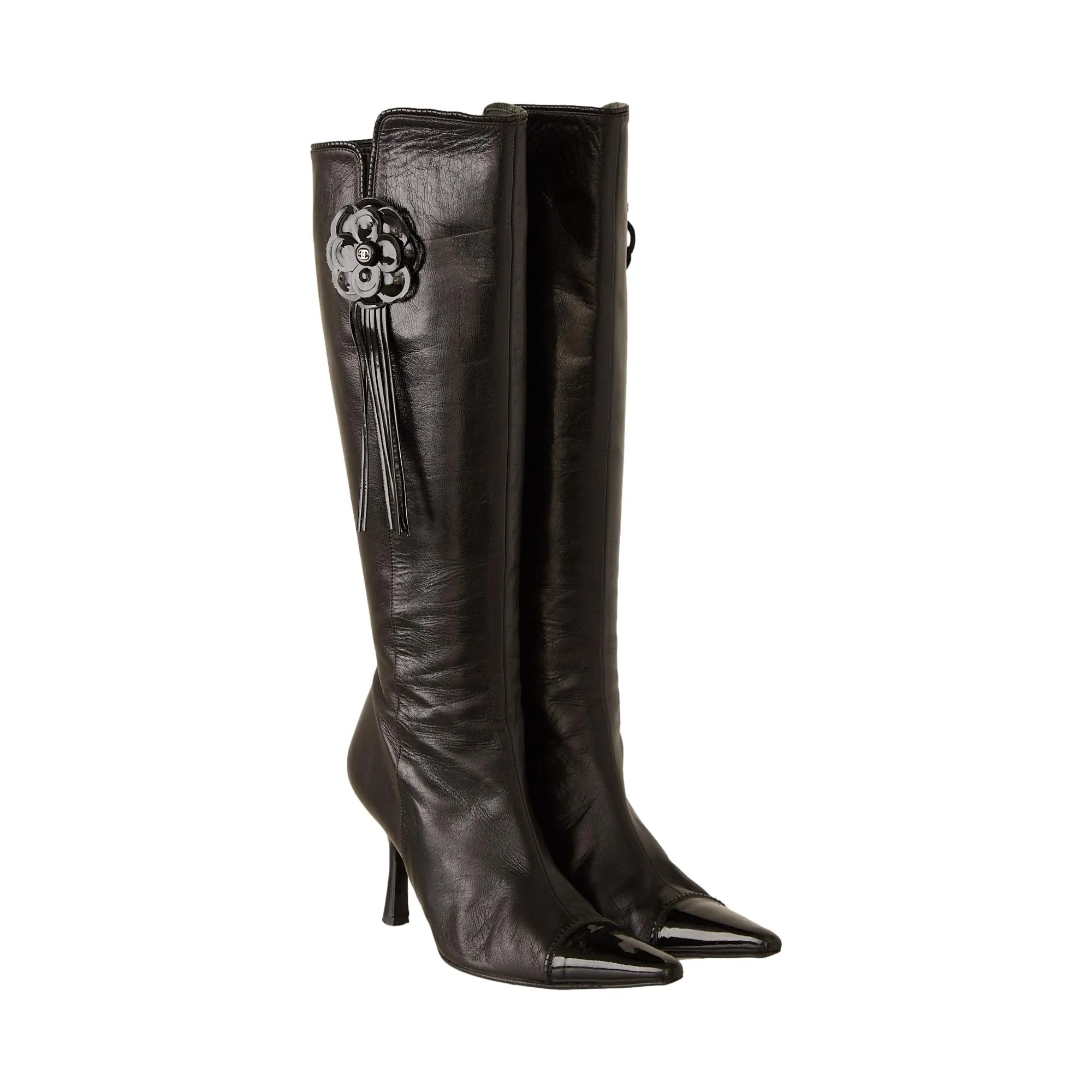 Chanel Black Leather Camellia Boots