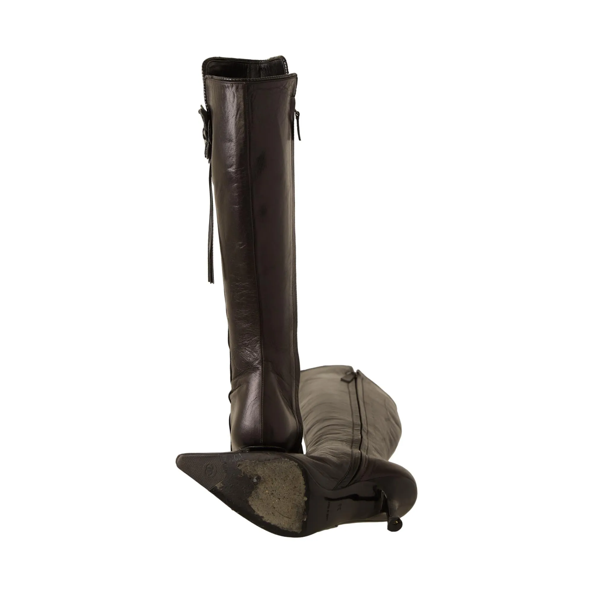 Chanel Black Leather Camellia Boots