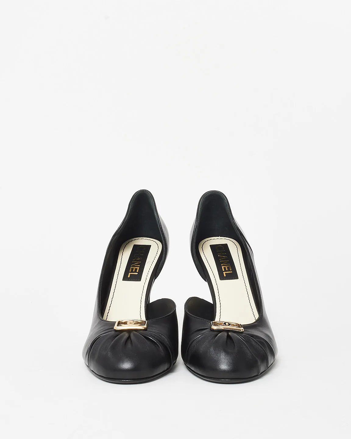 Chanel Black Leather Gold Logo Ruched Toe & Logo Heel Pumps - 41