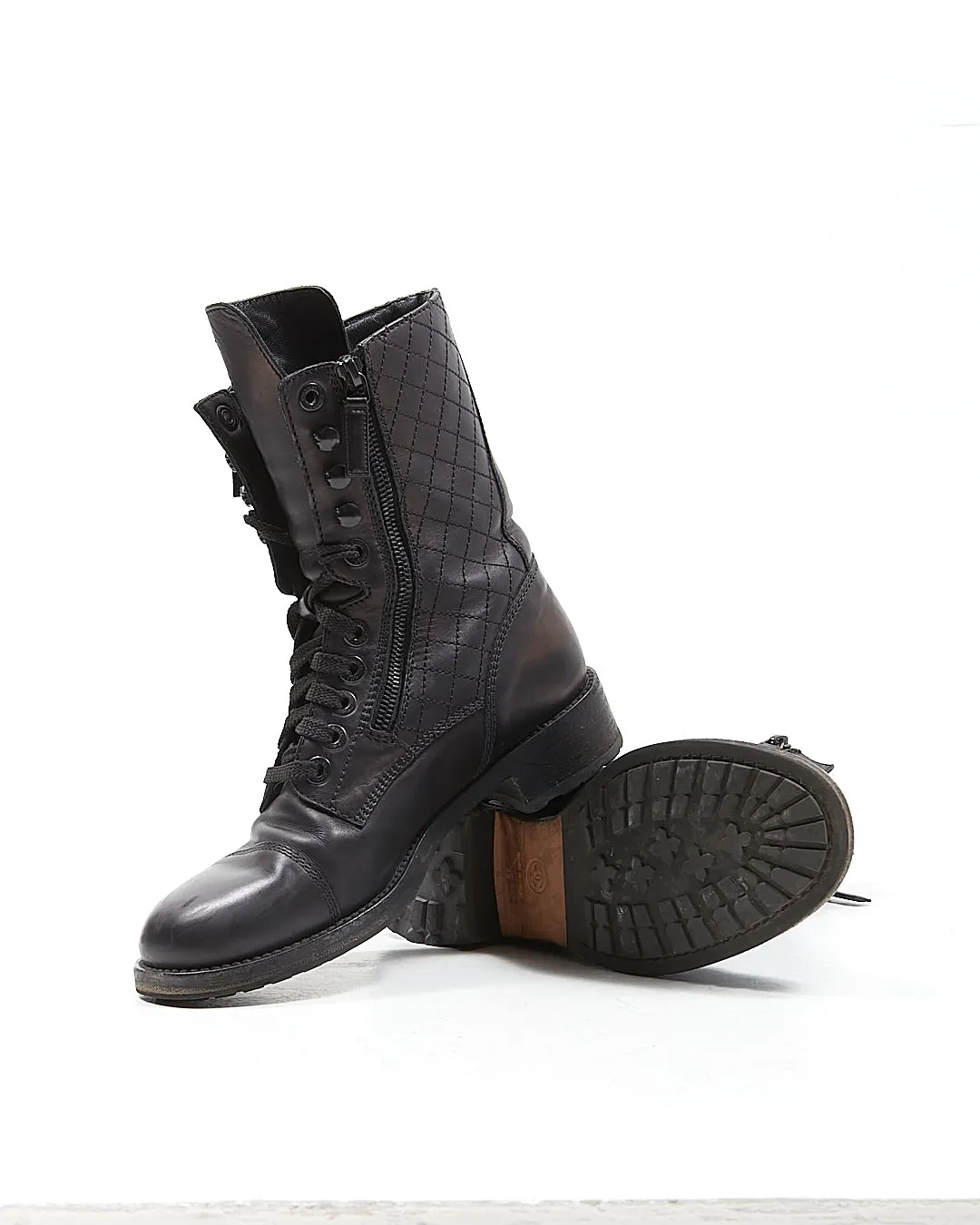 Chanel Black Leather Quilted CC Logo Combat Boot - 39