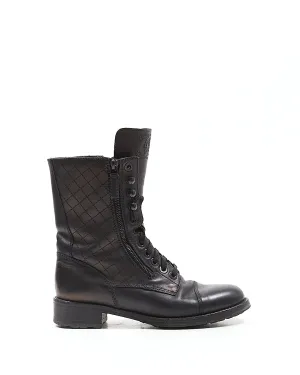 Chanel Black Leather Quilted CC Logo Combat Boot - 39