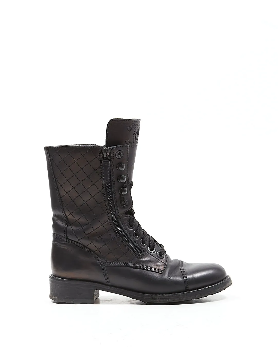 Chanel Black Leather Quilted CC Logo Combat Boot - 39