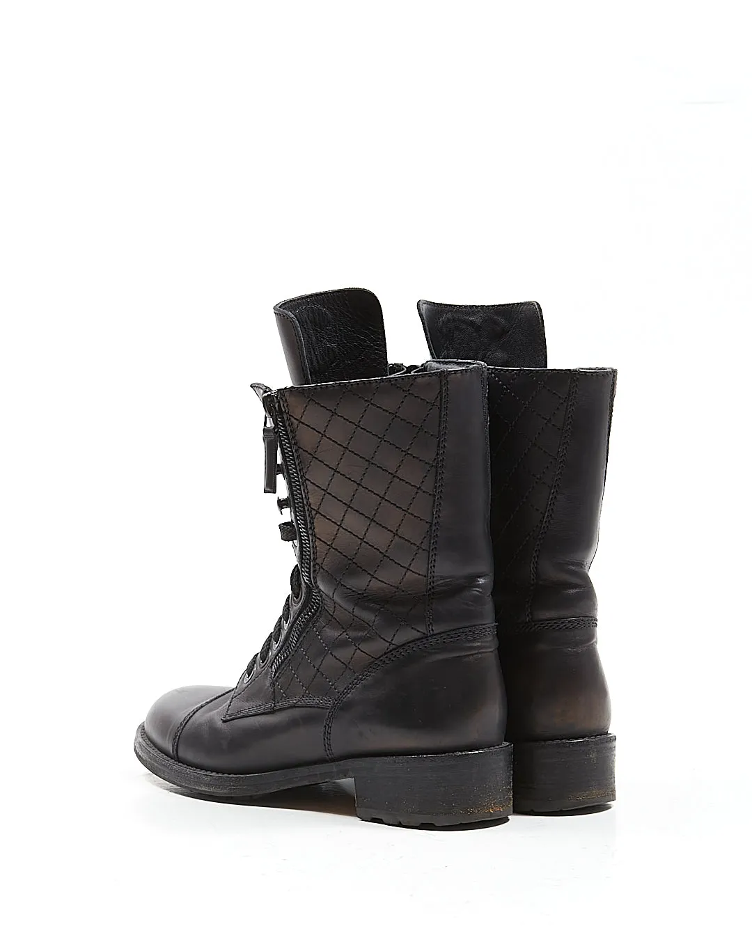 Chanel Black Leather Quilted CC Logo Combat Boot - 39