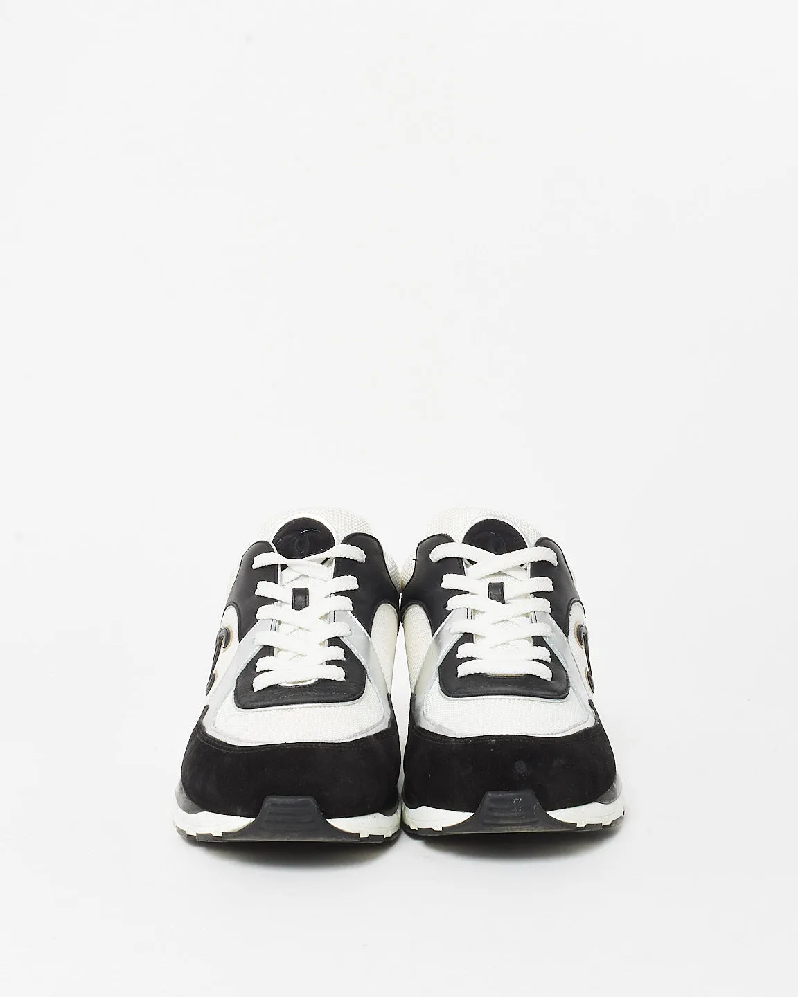 Chanel Black/White/Silver Fabric, Leather & Suede CC Logo Sneakers - 41