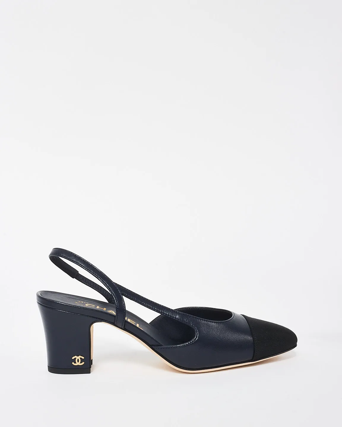 Chanel Navy and Black Leather Block Heel Slingbacks - 37