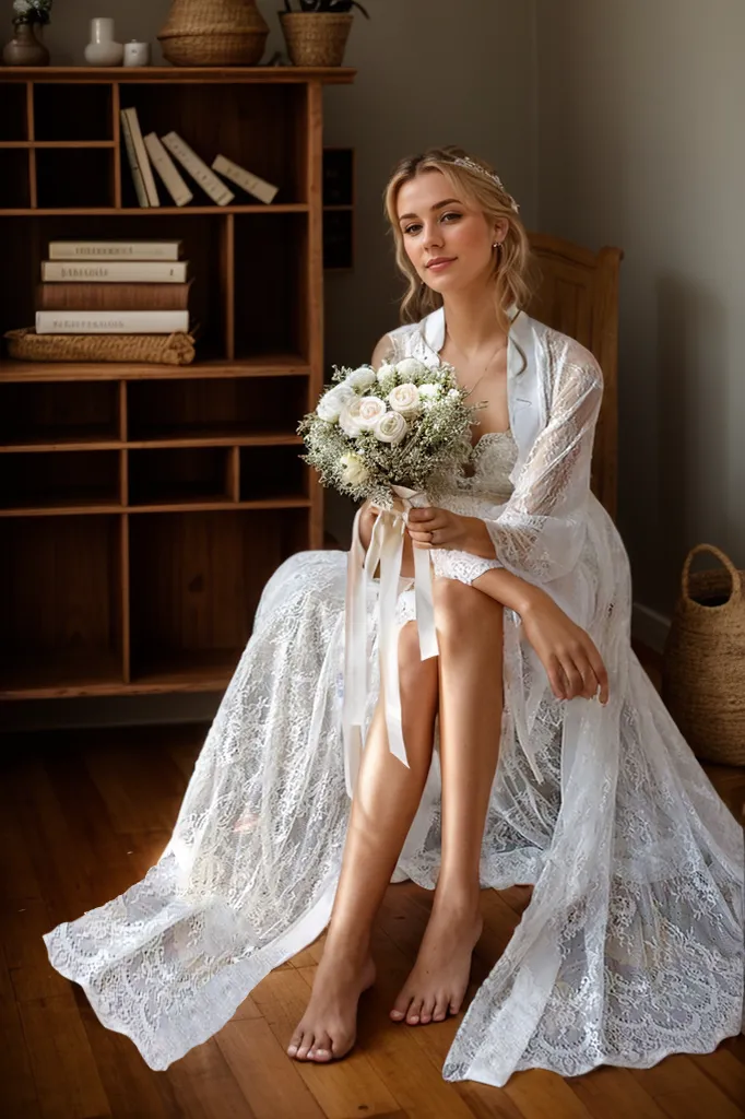 Chantilly Floral Lace Long Robe Set with Train