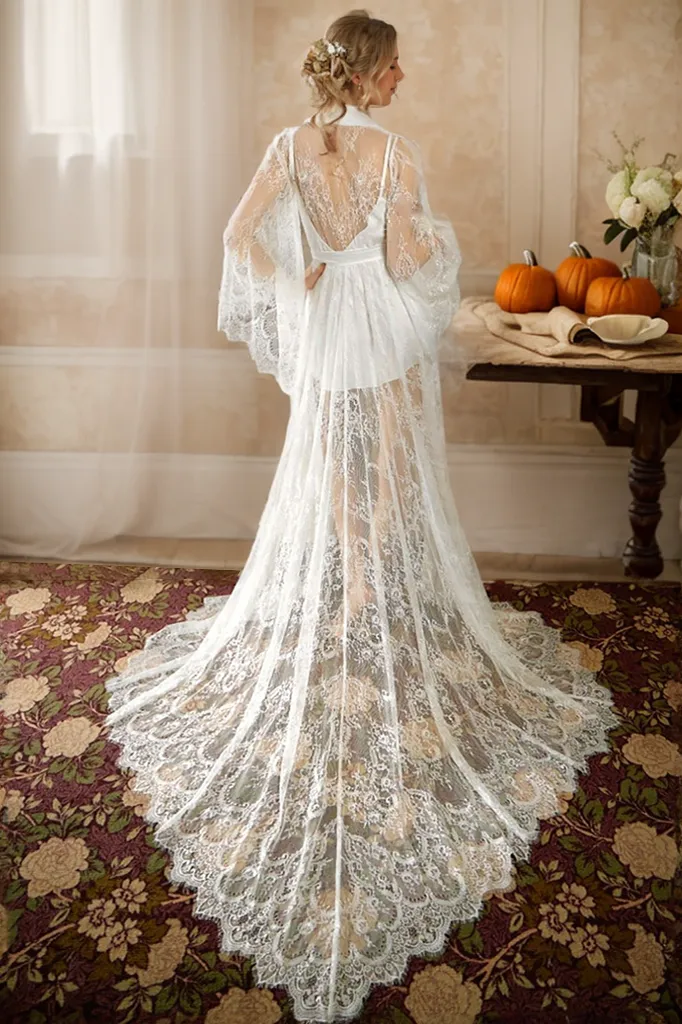 Chantilly Floral Lace Long Robe Set with Train