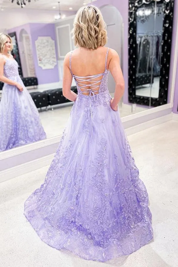 Charming A-line Lace Appliques Spaghetti Straps Lilac Prom Dresses PSK276