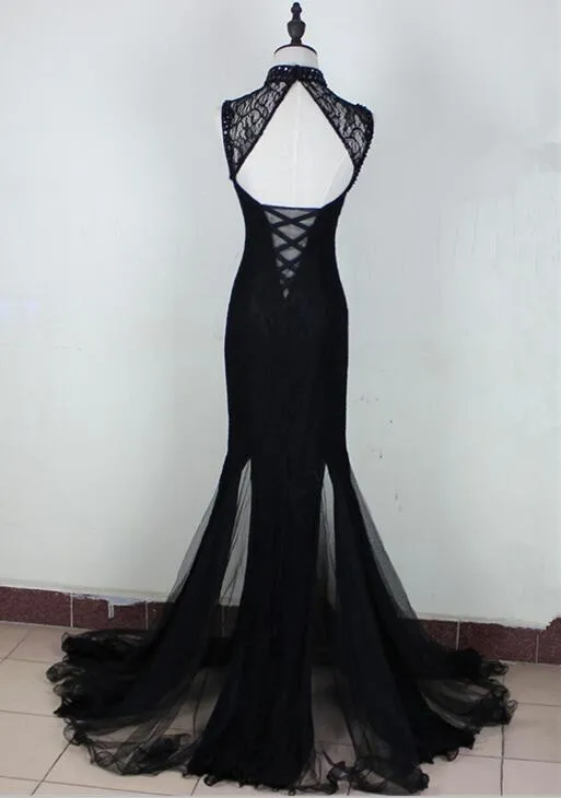 Charming Black Slit Mermaid Tulle and Lace Evening Gown, Black Formal Dresses