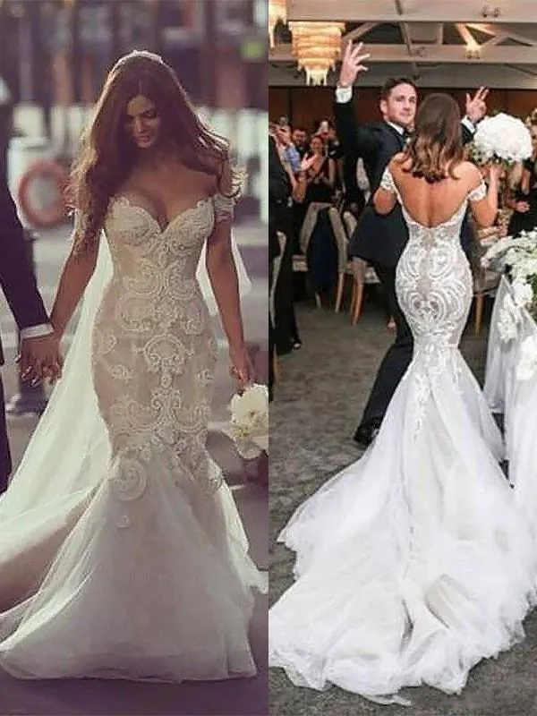 Charming Boho Off-shoulder Lace Mermaid Sweetheart Long Wedding Dress, WD0618