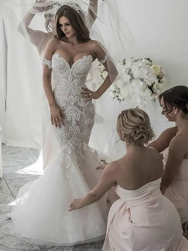 Charming Boho Off-shoulder Lace Mermaid Sweetheart Long Wedding Dress, WD0618