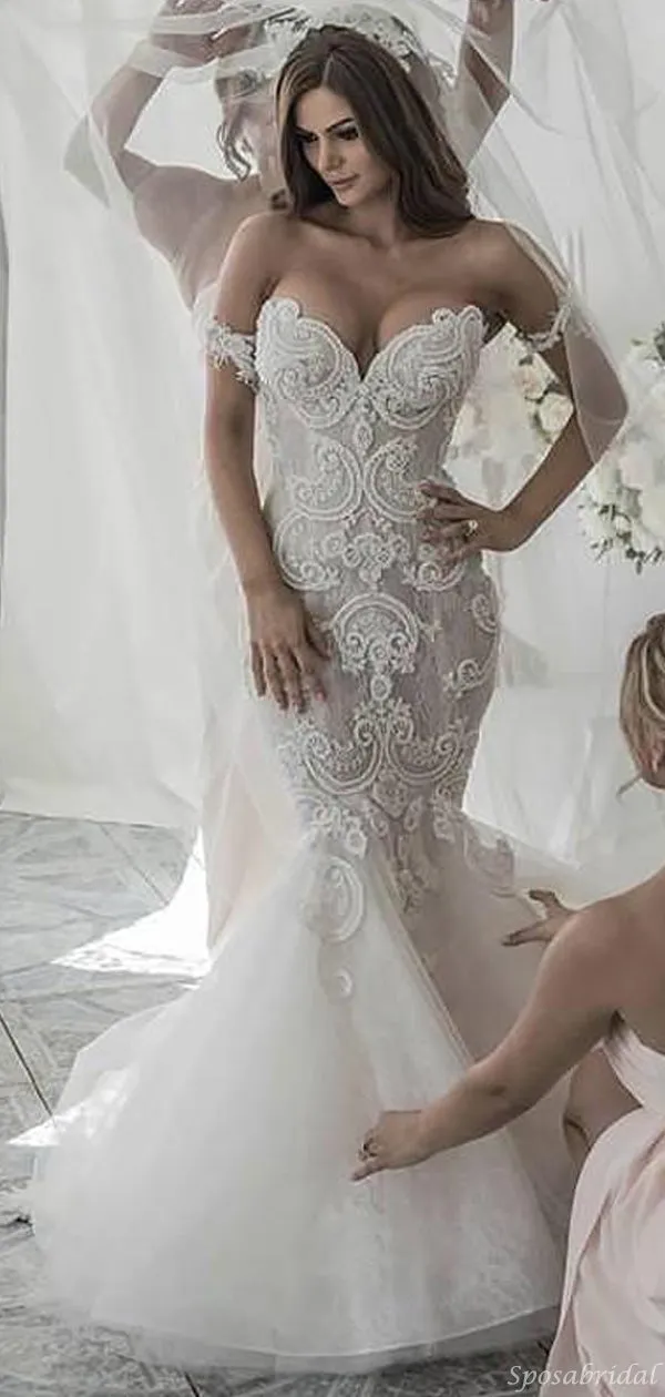 Charming Boho Off-shoulder Lace Mermaid Sweetheart Long Wedding Dress, WD0618