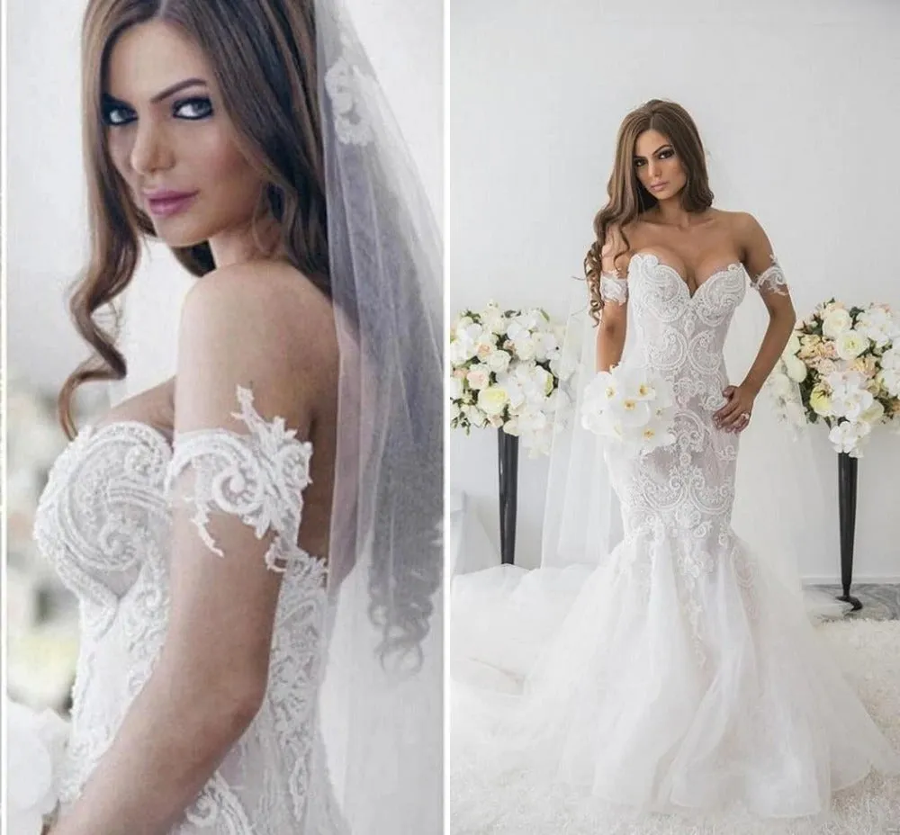 Charming Boho Off-shoulder Lace Mermaid Sweetheart Long Wedding Dress, WD0618