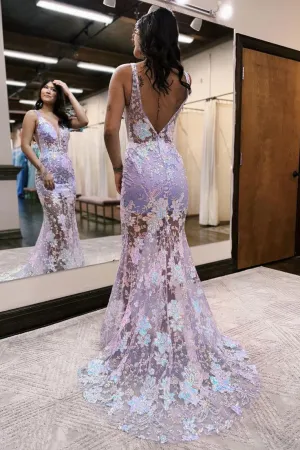 Charming Deep V-Neck Lace Appliques Mermaid Sleeveless Prom Formal Dress    fg6977