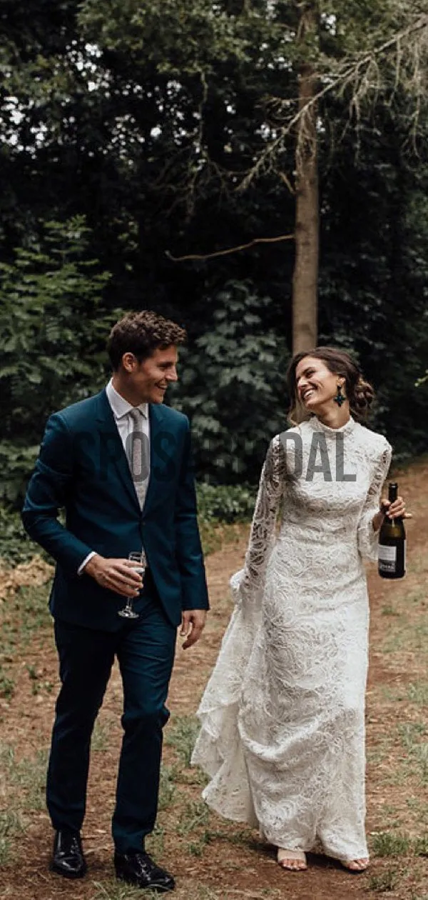 Charming Full Lace High Neck Long Sleeves Mermaid Weding Dresses WD0509