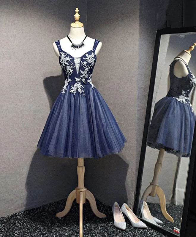 Charming Knee Length Bridesmaid Dress, Navy Blue Homecoming Dress