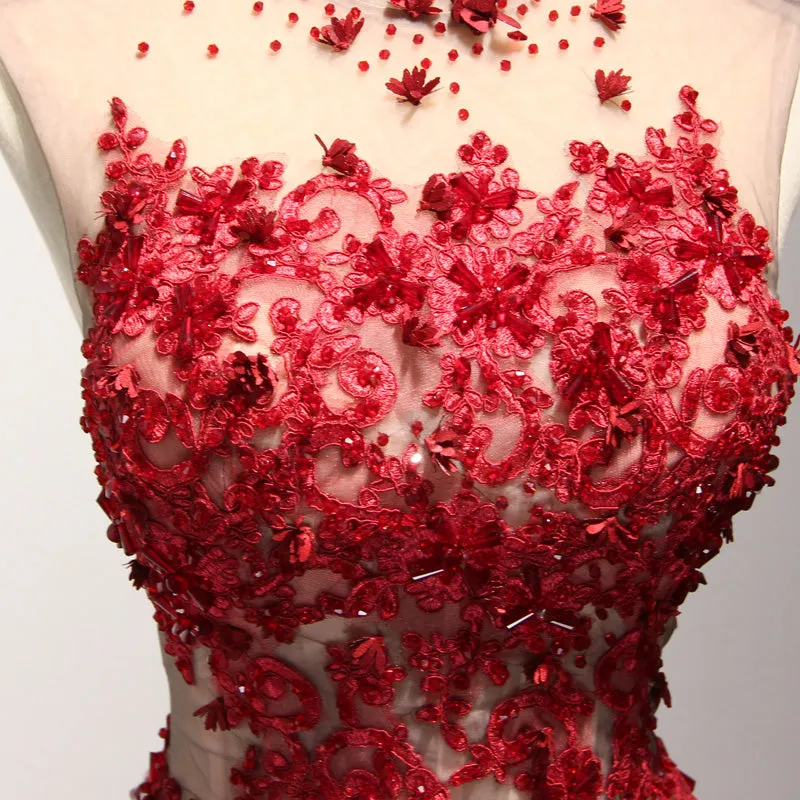 Charming Red and Champagne Tulle Halter Party Gown, Pretty Formal Dress