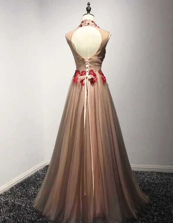 Charming Red and Champagne Tulle Halter Party Gown, Pretty Formal Dress