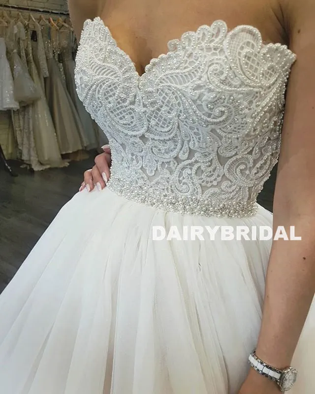Charming Sweet Heart Beaded Wedding Dress, Honest Tulle A-Line Backless Wedding Dress, D636