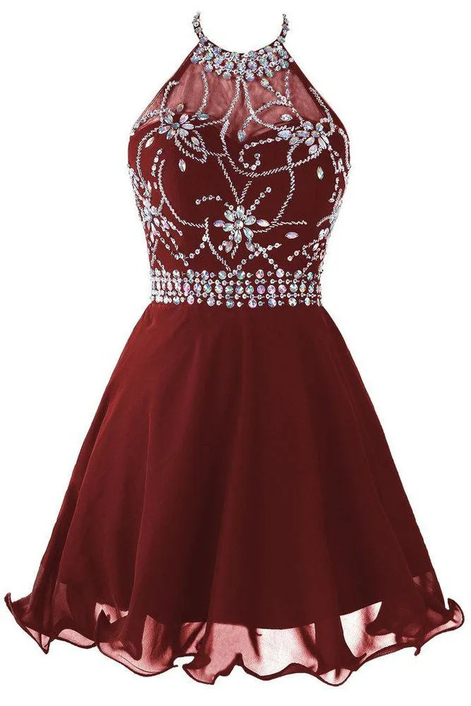 Chiffon Burgundy A Line Halter Homecoming Dresses With Beading,Short Prom Dresses OK331