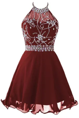 Chiffon Burgundy A Line Halter Homecoming Dresses With Beading,Short Prom Dresses OK331