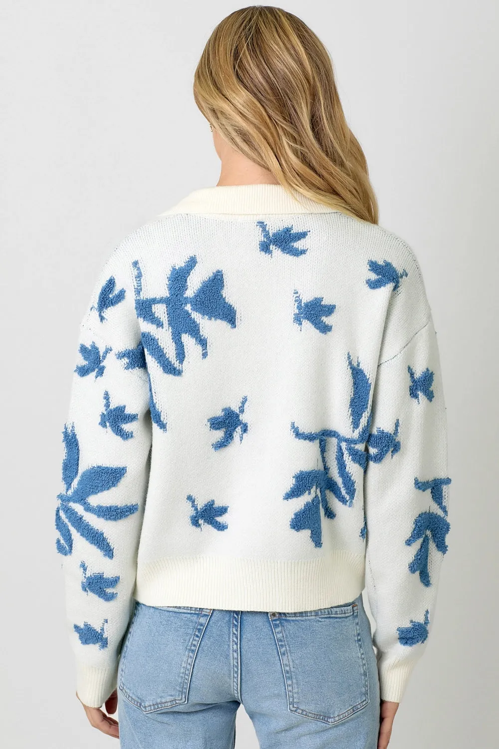Collared Pullover Floral Sweater White and Blue
