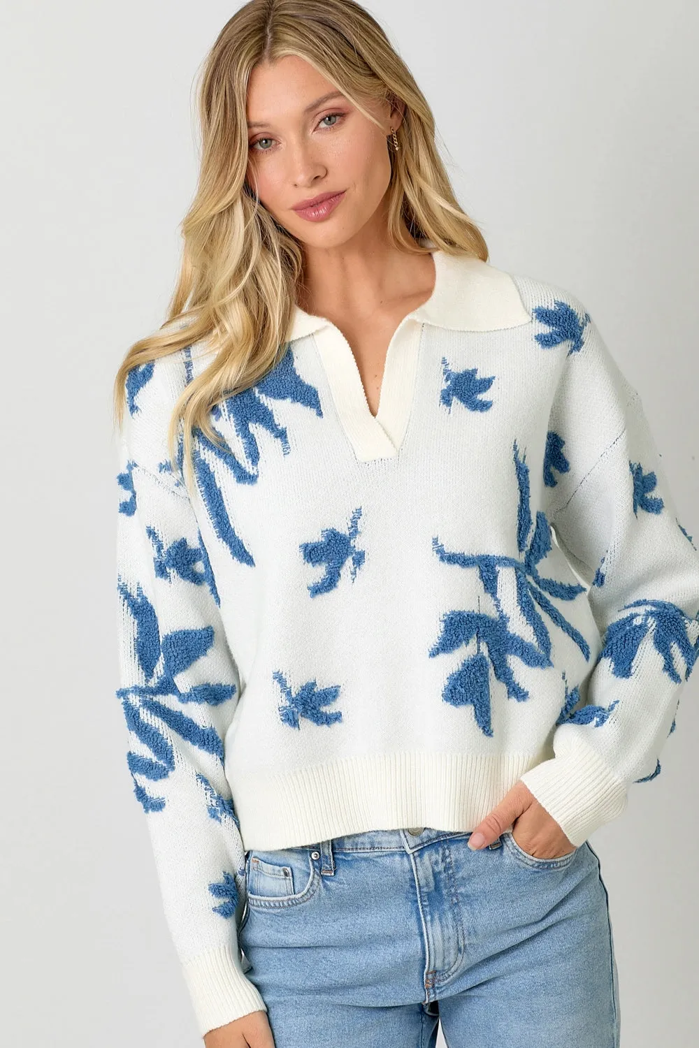 Collared Pullover Floral Sweater White and Blue