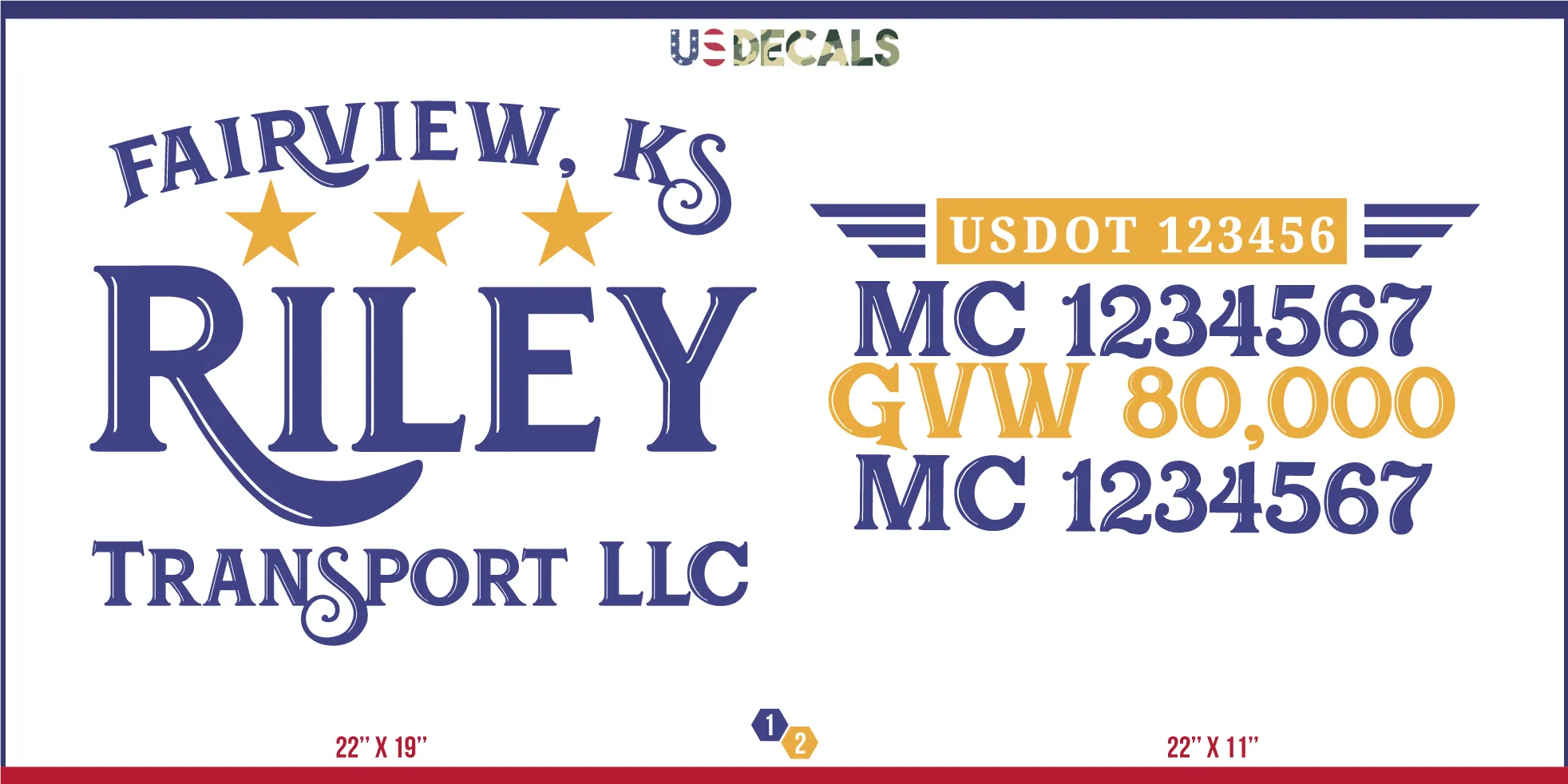 Company Name 2 Lines   5 Location Or Regulation Numbers Truck Lettering Decal (USDOT, MC, GVW, CA), 2 Pack
