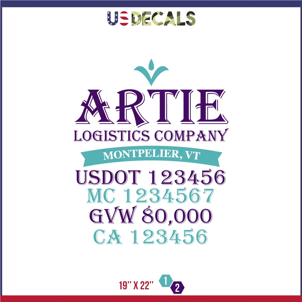 Company Name 2 Lines   5 Location Or Regulation Numbers Truck Lettering Decal (USDOT, MC, GVW, CA), 2 Pack