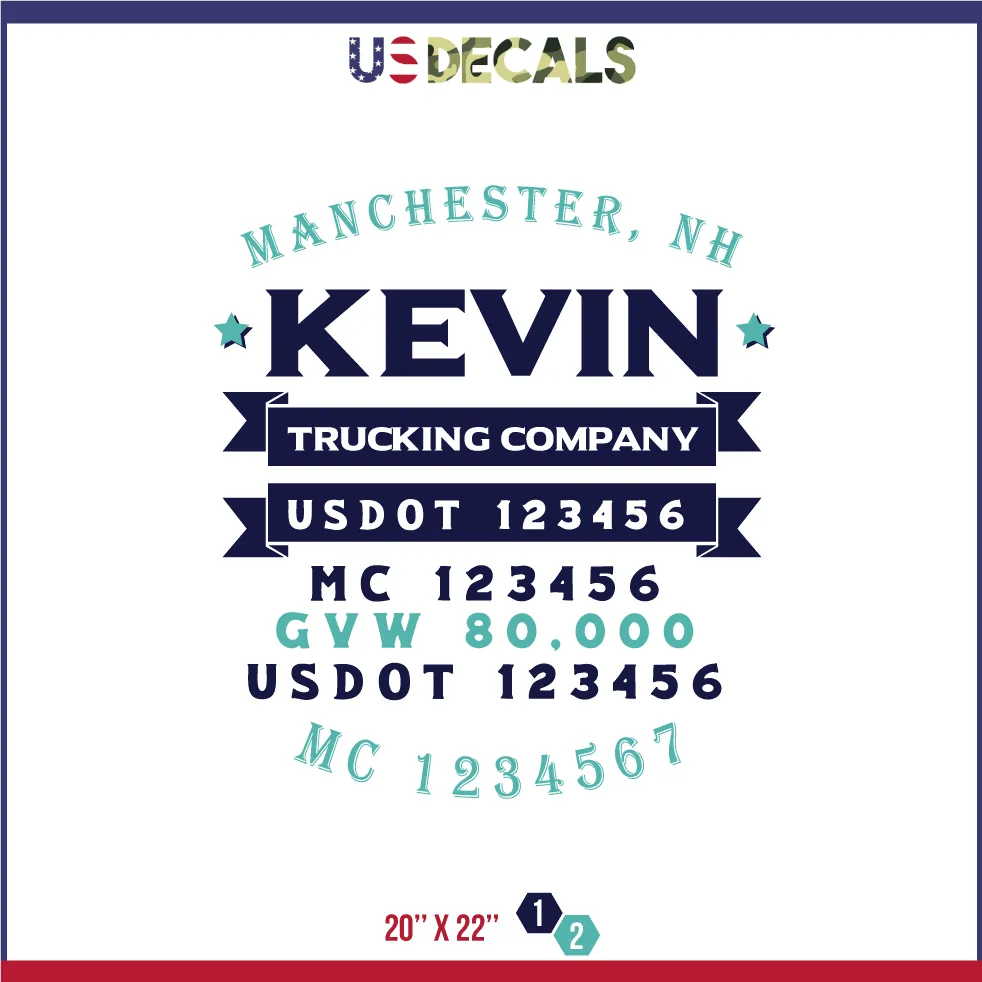 Company Name 2 Lines   5 Location Or Regulation Numbers Truck Lettering Decal (USDOT, MC, GVW, CA), 2 Pack