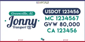 Company Name 2 Lines   5 Location Or Regulation Numbers Truck Lettering Decal (USDOT, MC, GVW, CA), 2 Pack