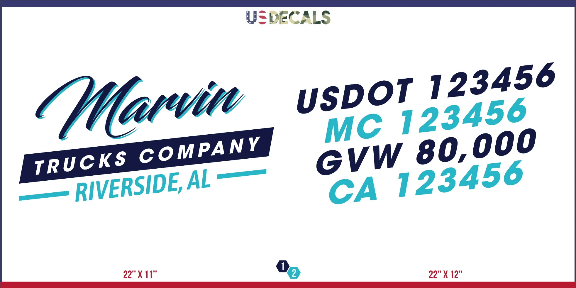 Company Name 2 Lines   5 Location Or Regulation Numbers Truck Lettering Decal (USDOT, MC, GVW, CA), 2 Pack