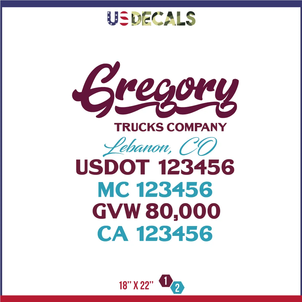 Company Name 2 Lines   5 Location Or Regulation Numbers Truck Lettering Decal (USDOT, MC, GVW, CA), 2 Pack