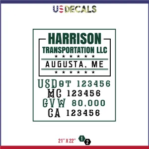 Company Name 2 Lines   5 Location Or Regulation Numbers Truck Lettering Decal (USDOT, MC, GVW, CA), 2 Pack