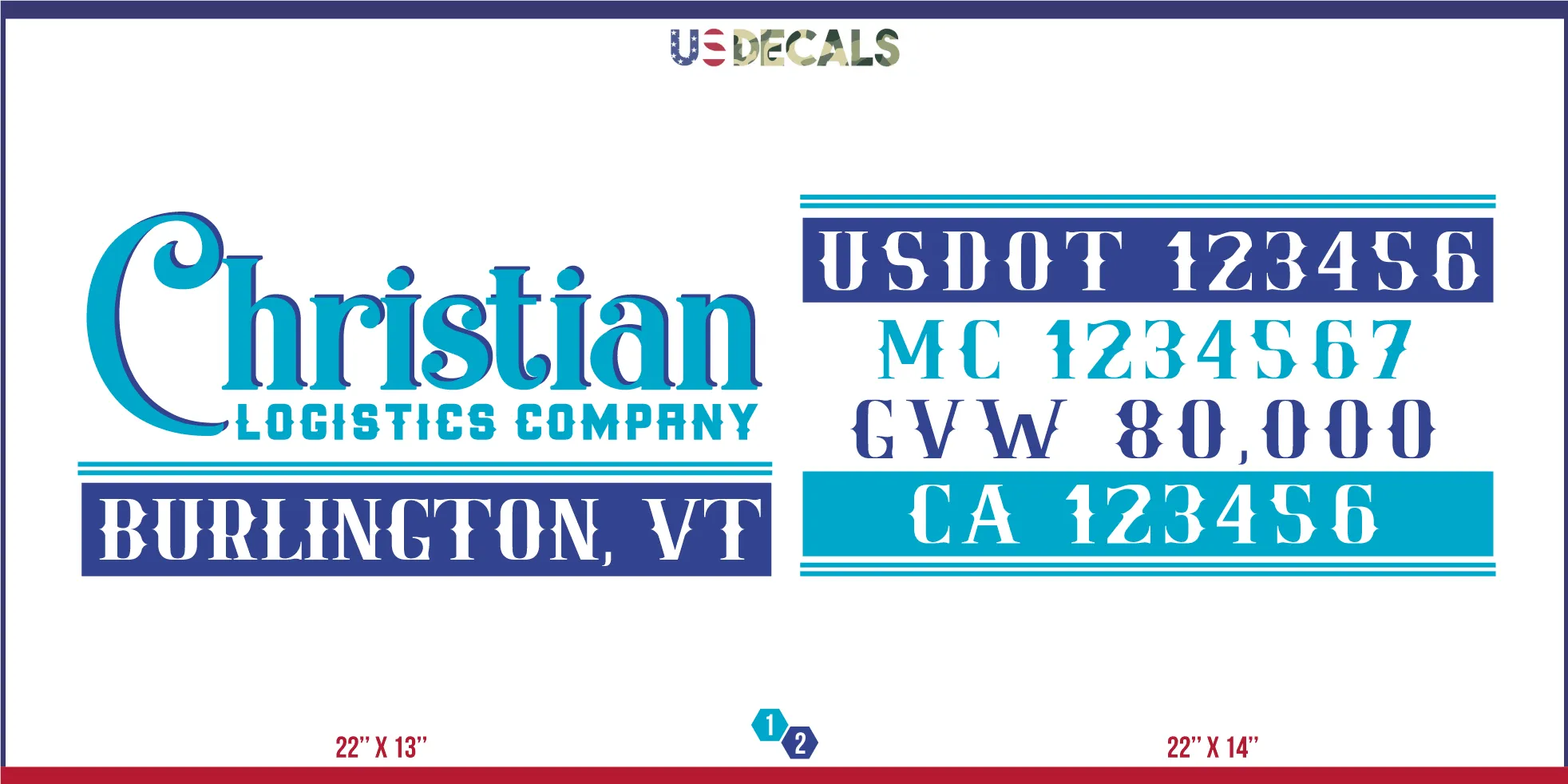 Company Name 2 Lines   5 Location Or Regulation Numbers Truck Lettering Decal (USDOT, MC, GVW, CA), 2 Pack