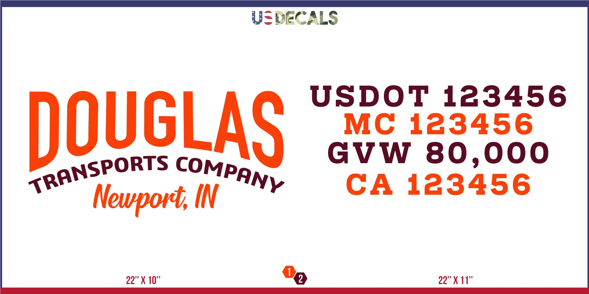 Company Name 2 Lines   5 Location Or Regulation Numbers Truck Lettering Decal (USDOT, MC, GVW, CA), 2 Pack
