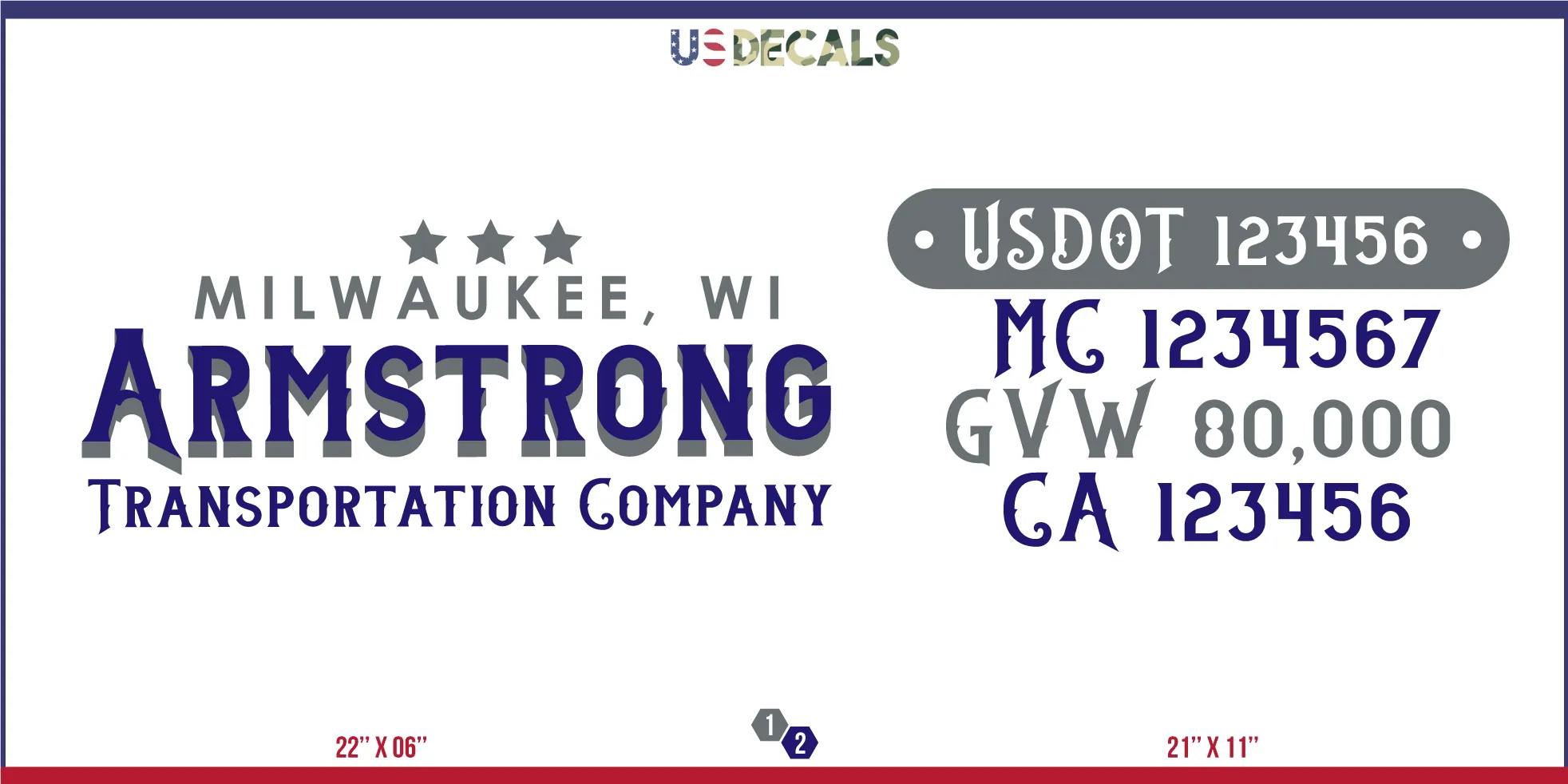 Company Name 2 Lines   5 Location Or Regulation Numbers Truck Lettering Decal (USDOT, MC, GVW, CA), 2 Pack