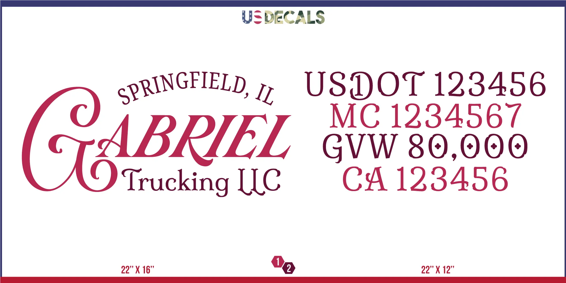 Company Name 2 Lines   5 Location Or Regulation Numbers Truck Lettering Decal (USDOT, MC, GVW, CA), 2 Pack
