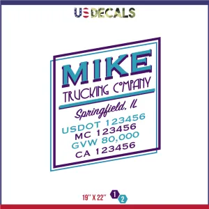 Company Name 2 Lines   5 Location Or Regulation Numbers Truck Lettering Decal (USDOT, MC, GVW, CA), 2 Pack