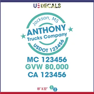 Company Name 2 Lines   5 Location Or Regulation Numbers Truck Lettering Decal (USDOT, MC, GVW, CA), 2 Pack