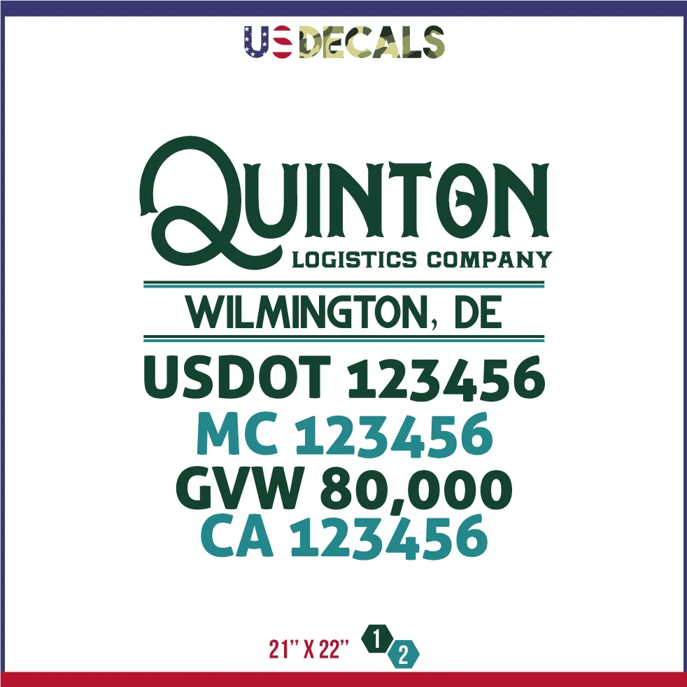 Company Name 2 Lines   5 Location Or Regulation Numbers Truck Lettering Decal (USDOT, MC, GVW, CA), 2 Pack